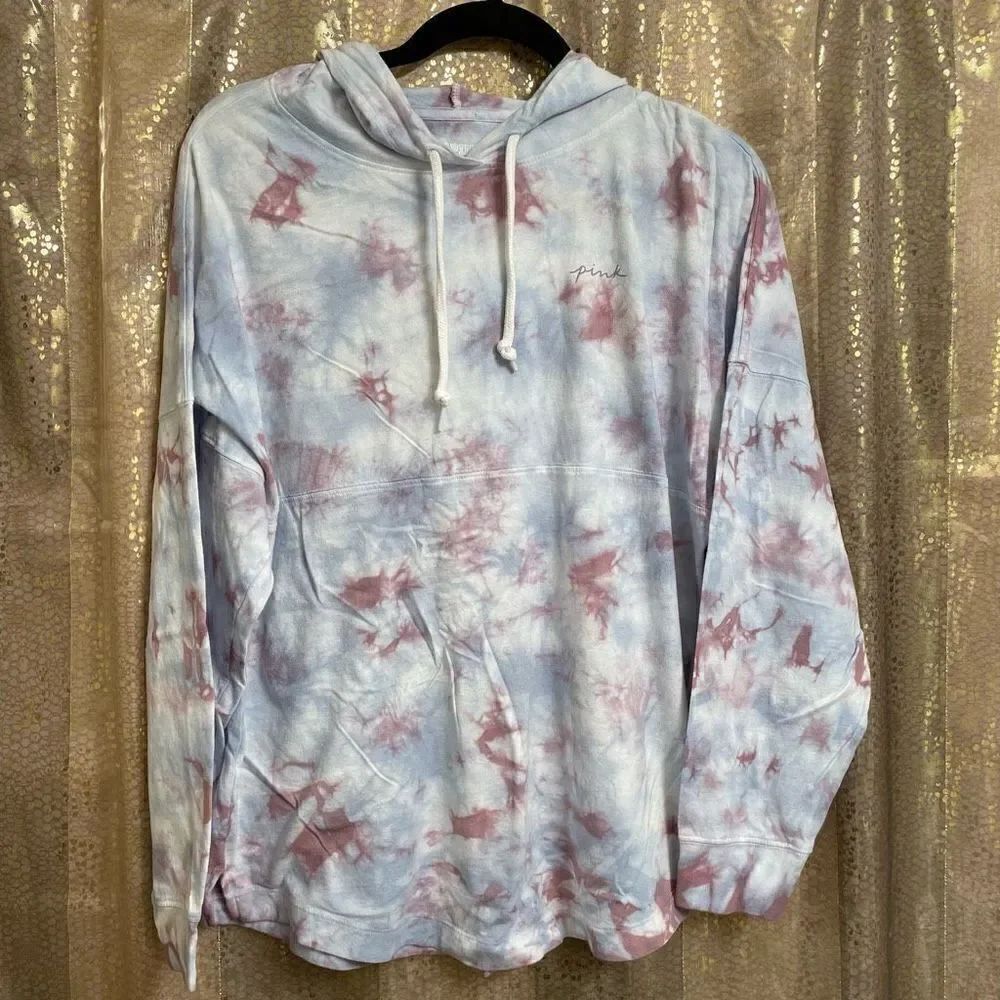 PINK Victorias Secret tie dye blue/mauve logo pullover hoodie,  oversized XS